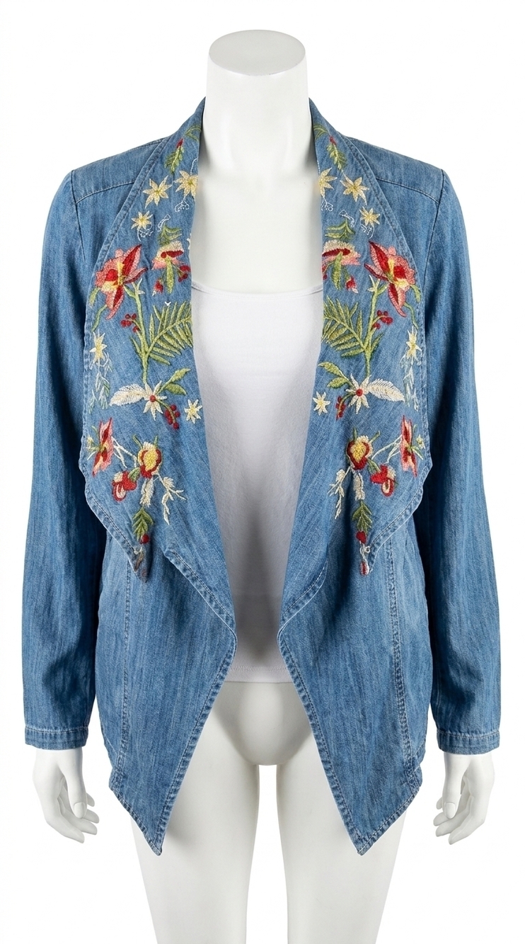 NEW PAPARAZZI embroidered denim tencel cascade jacket in light wash